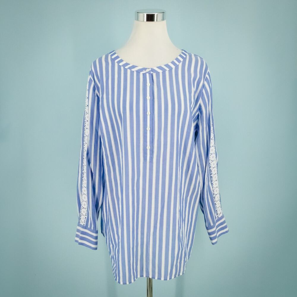 Talbots Plus Size 1X Blue White Stripe Lace Trim Popover Button Cotton Tunic Top